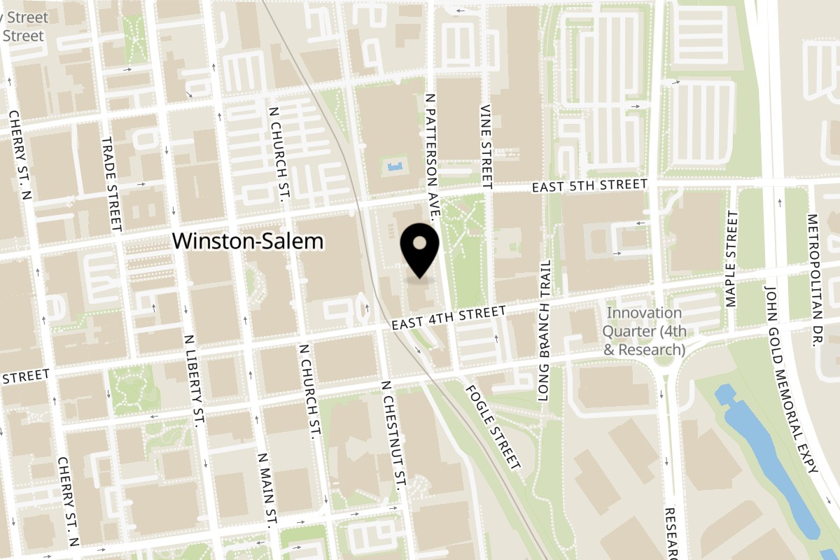 Map showing the location of The Barcelona Burger And Beer Garden Winston-Salem on 450 North Patterson Avenue in Winston-Salem